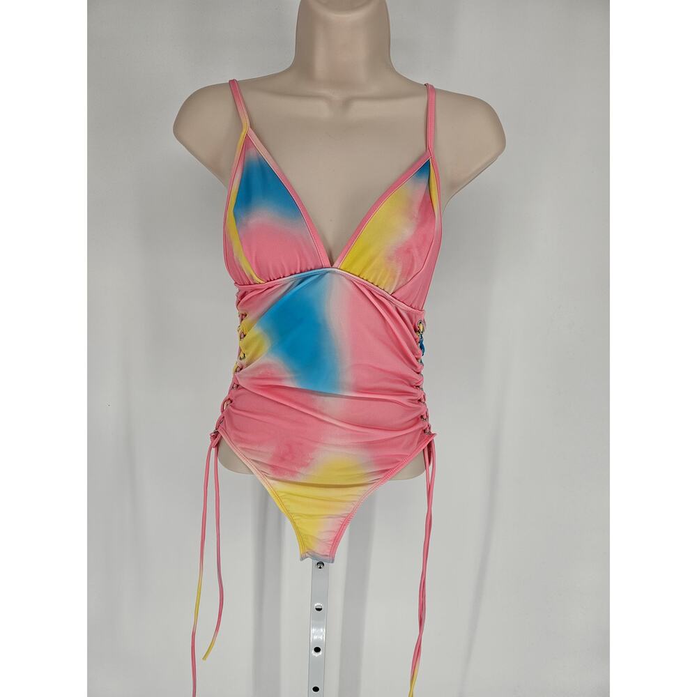 Tic Toc Womens Sz S One Piece Swimsuit Bright Tie Dye Print Tie Sides
